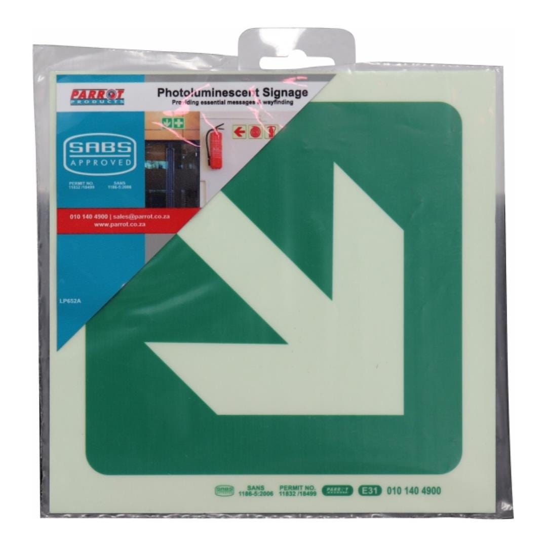 Parrot Photoluminescent 190mm Safety Sign E31 Diagonal Arrow Down And Right SNP19E31