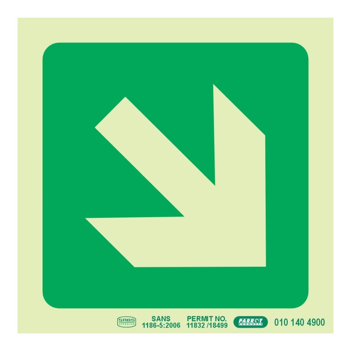 Parrot Photoluminescent 190mm Safety Sign E31 Diagonal Arrow Down And Right SNP19E31