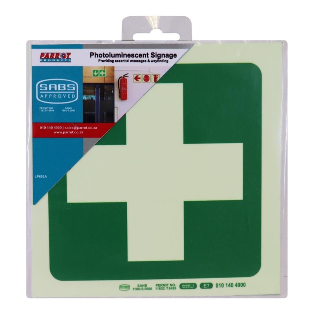 Parrot Photoluminescent 190mm Safety Sign E7 Green Cross SNP19E7