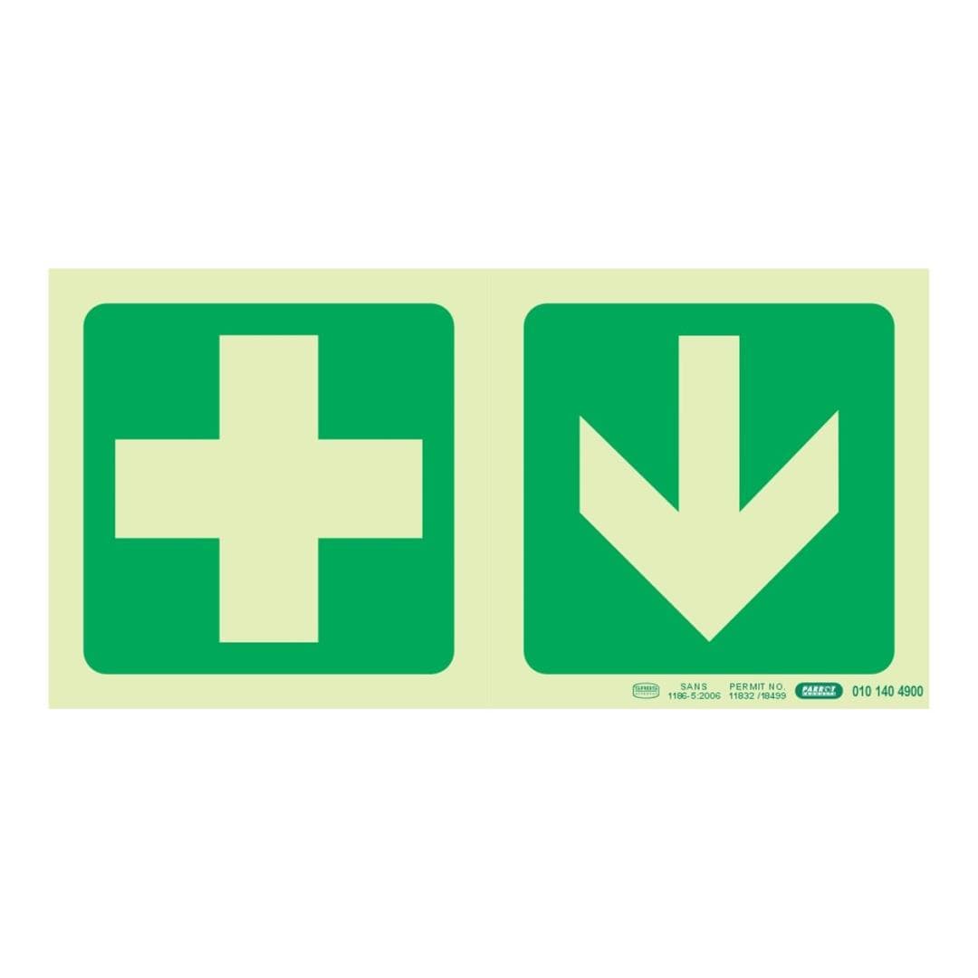 Parrot Photoluminescent 190mm Safety Sign E7A Green Cross and Arrow Down SNP19E7A