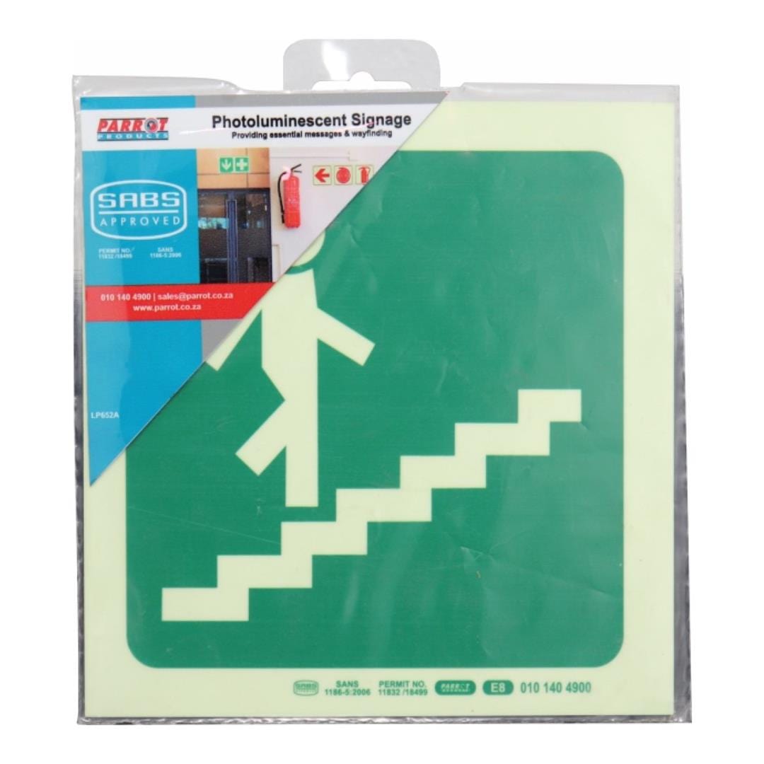 Parrot Photoluminescent 190mm Safety Sign E8 Running Man On Stairs Going Up And Right SNP19E8
