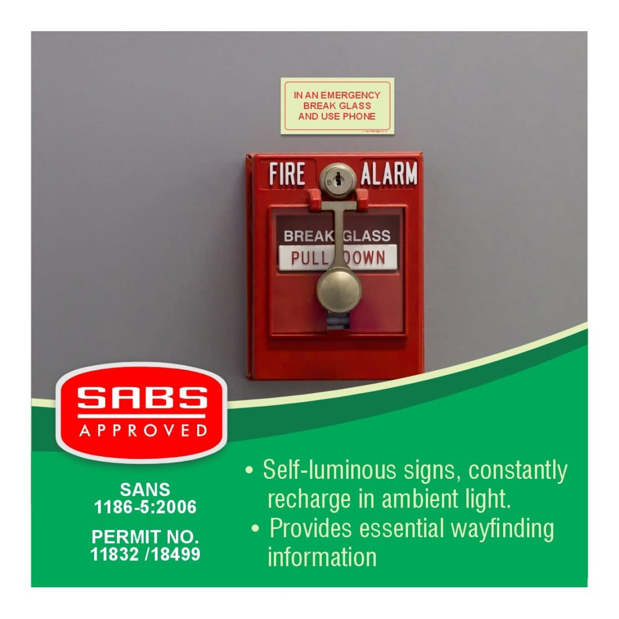 Parrot Photoluminescent 190mm In An Emergency Break Glass And Use Phone Safety Sign-F40 SNP19F40