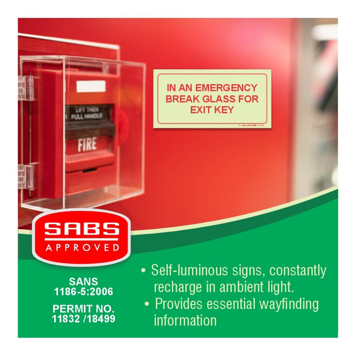 Parrot Photoluminescent 190mm In An Emergency Break Glass For Exit Key Safety Sign F43 SNP19F43