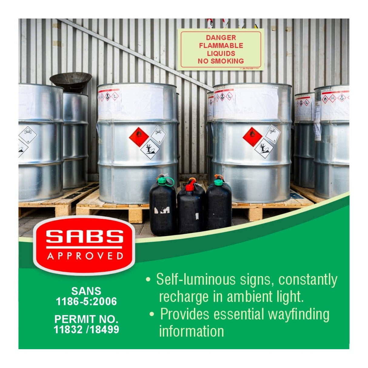 Parrot Photoluminescent 190mm Danger Flammable Liquids No Smoking Safety Sign-F46 SNP19F46