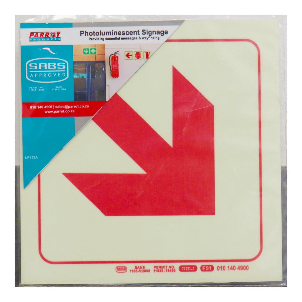 Parrot 190mm Photoluminescent F51 Diagonal Arrow Down And Right Safety Sign SNP19F51
