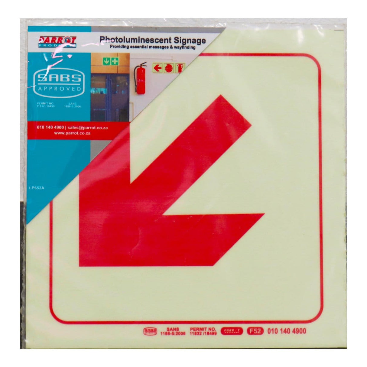 Parrot Photoluminescent 190mm Diagonal Arrow Down And Left Safety Sign-F52 SNP19F52
