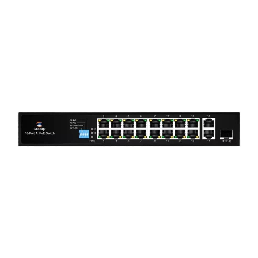 Scoop 16-port 150W 2x Gigabit 1x SFP Fast Ethernet AI PoE Network Switch SPS-16F2GS