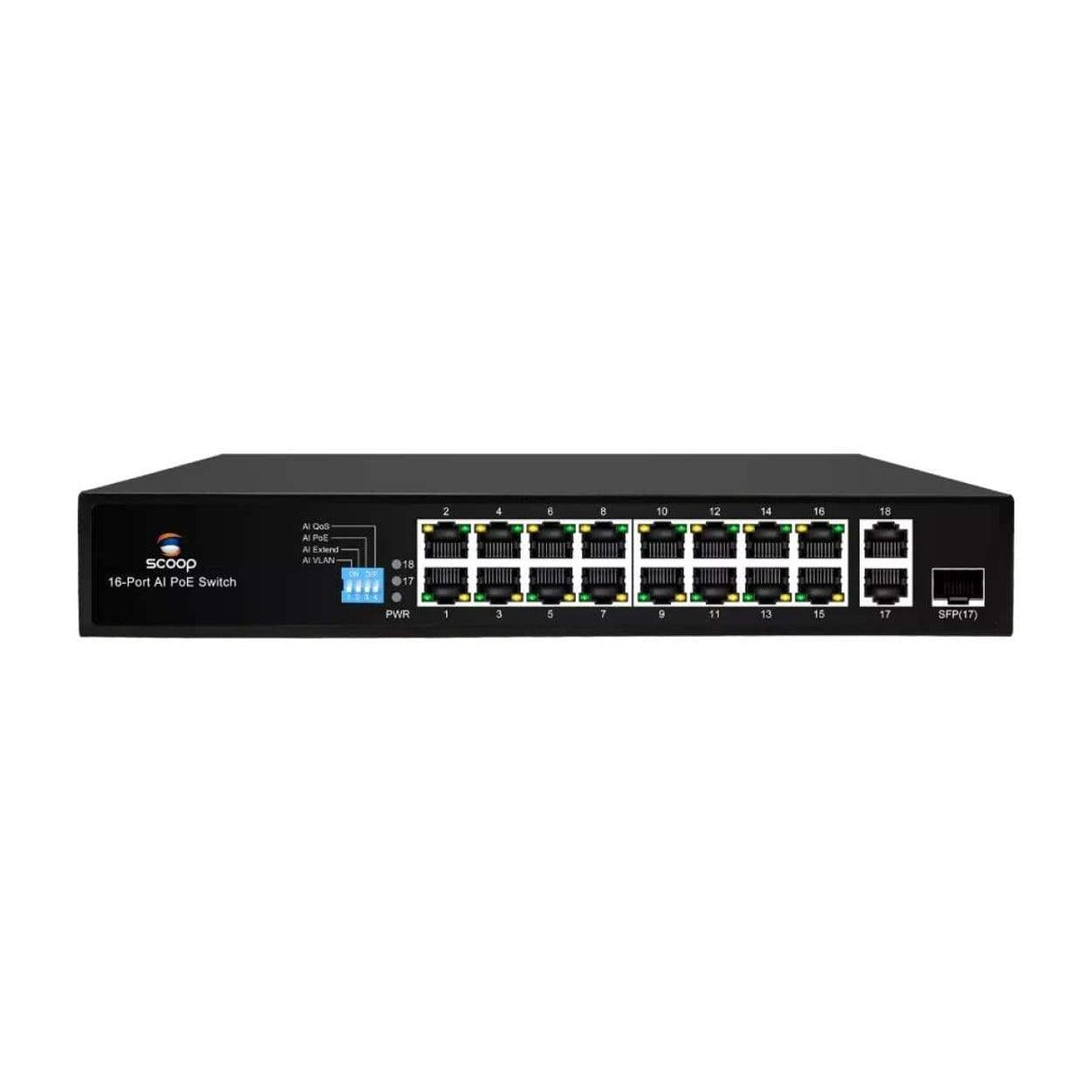 Scoop 16-port 150W 2x Gigabit 1x SFP Fast Ethernet AI PoE Network Switch SPS-16F2GS