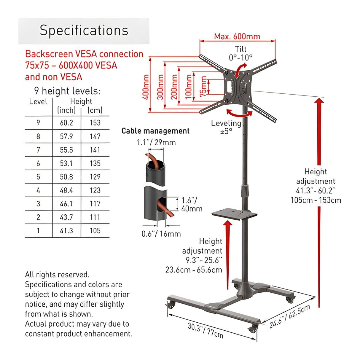 Barkan SW411H 13-18-inch Mobile TV Mount Cart with Metal Shelf