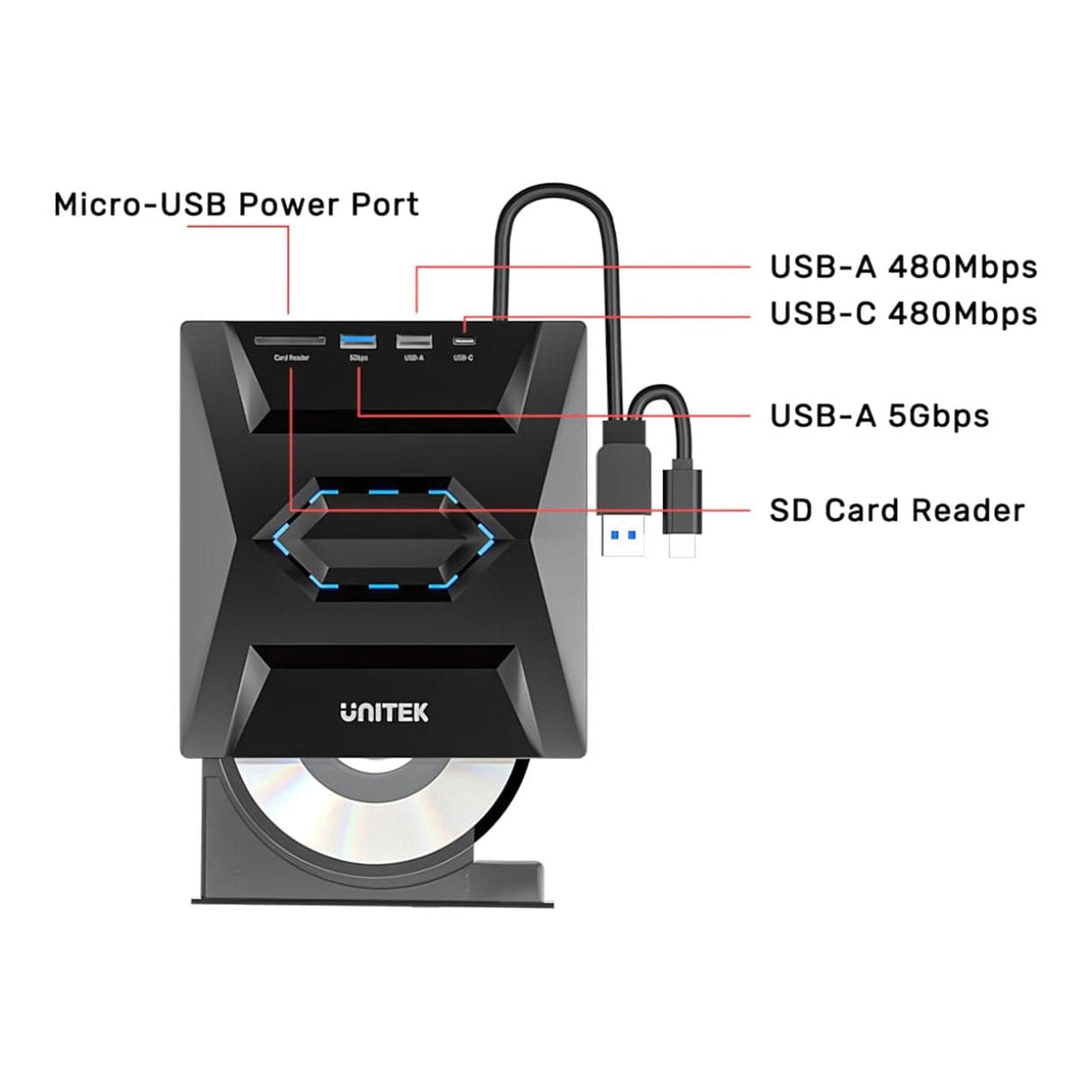 Unitek 5-in-1 External Optical Drive with USB Hub T1037A01
