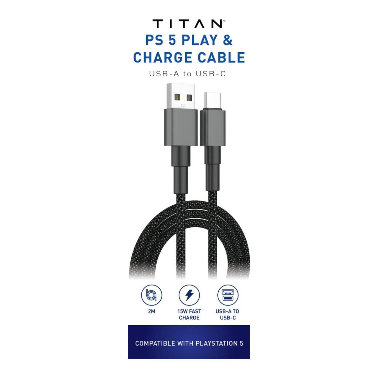 Titan PS5 Type-C to Type-A Charging Cable 2m Black TG-CCB-2MPS5
