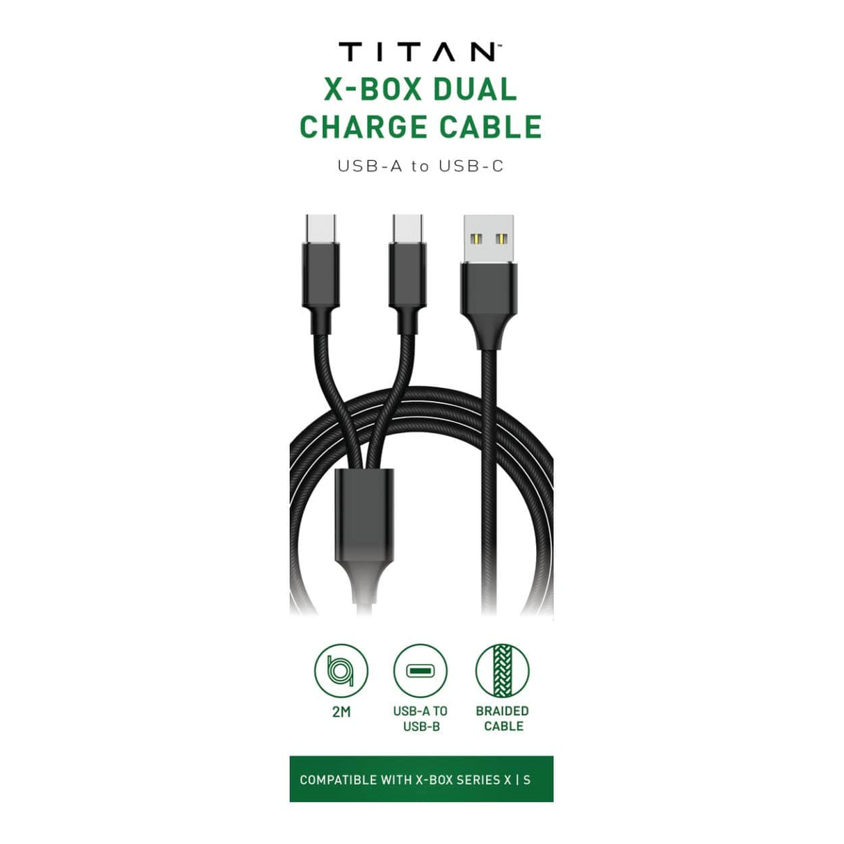 Titan Xbox Type-C to Type-A Dual Charging Cable 2m Black TG-DCCB-2MXB