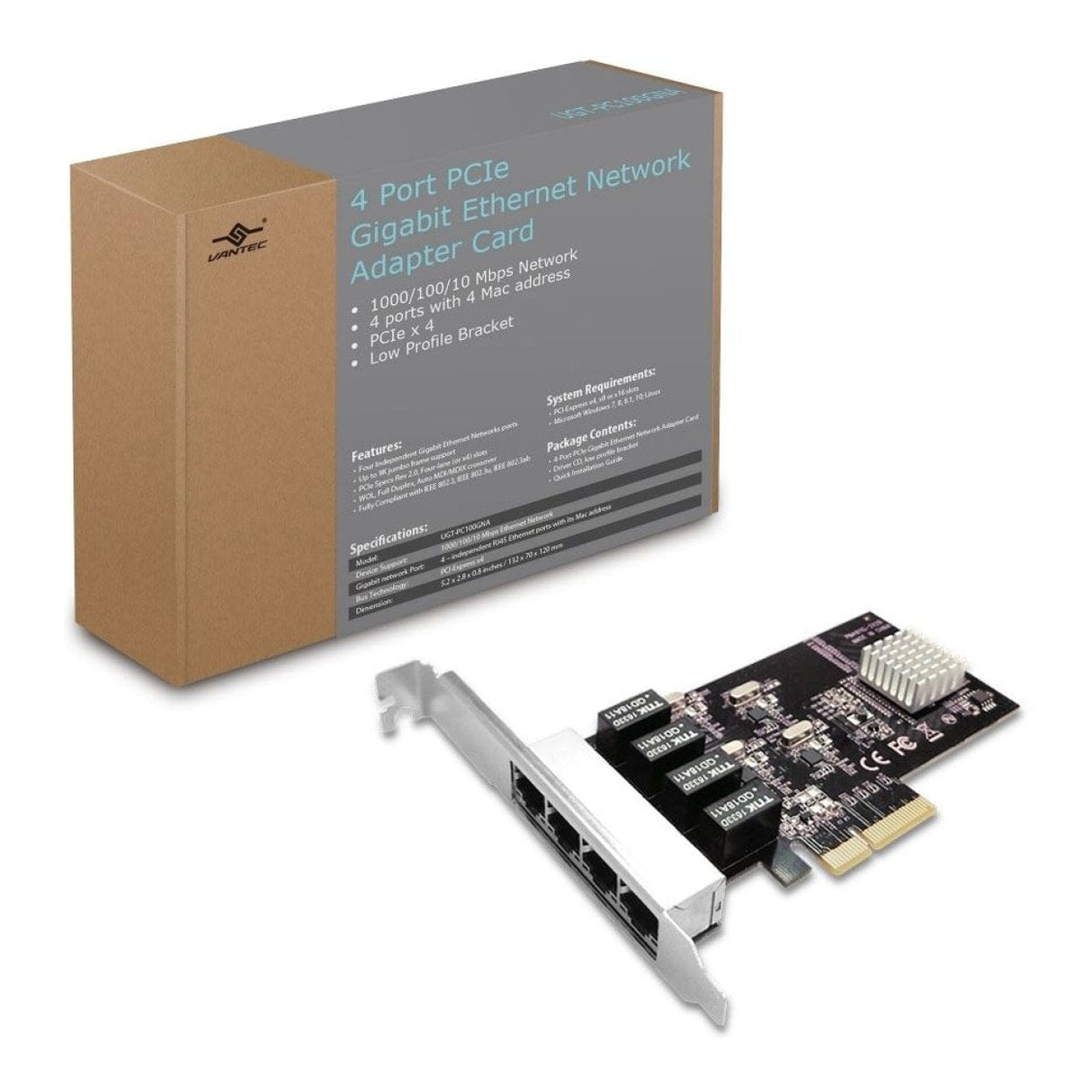 Vantec 4-port PCIe Gigabit Ethernet Network Adapter Card UGT-PC130GNA