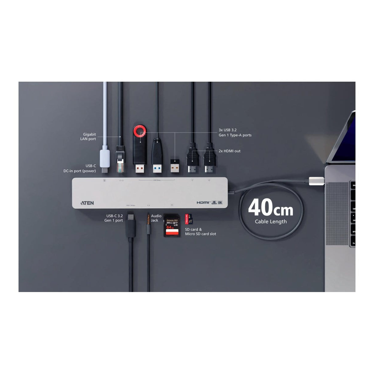 Aten UH3240 USB-C Multiport Dock with Power Pass-Through