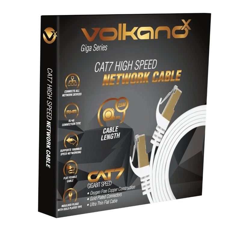 VolkanoX Giga Series 25m Cat 7 Ethernet Cable White with Gold Tips VK-20067-WT