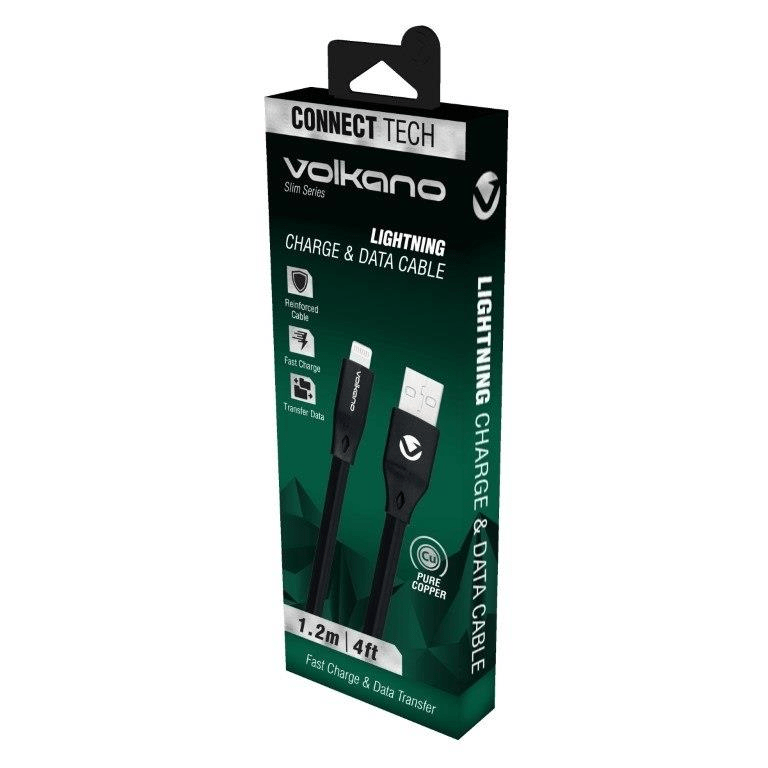 Volkano Slim Series 1.2m Flat PVC Lightning Charge and Data Cable Black VK-20084-BK