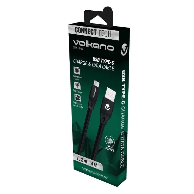 Volkano Slim Series 1.2m USB Type-C Charge and Data Cable Black VK-20085-BK