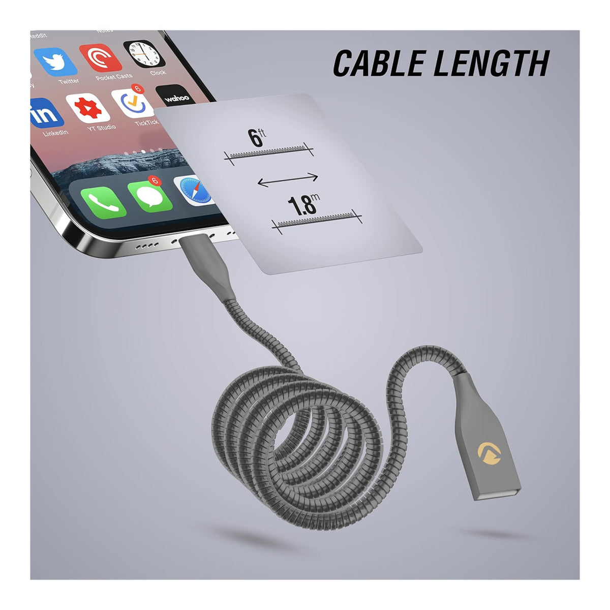 Volkano Iron Series Type-A to MFI Lightning Metallic Spring Cable 1.8m - Gun Metal VK-20094-GM-6