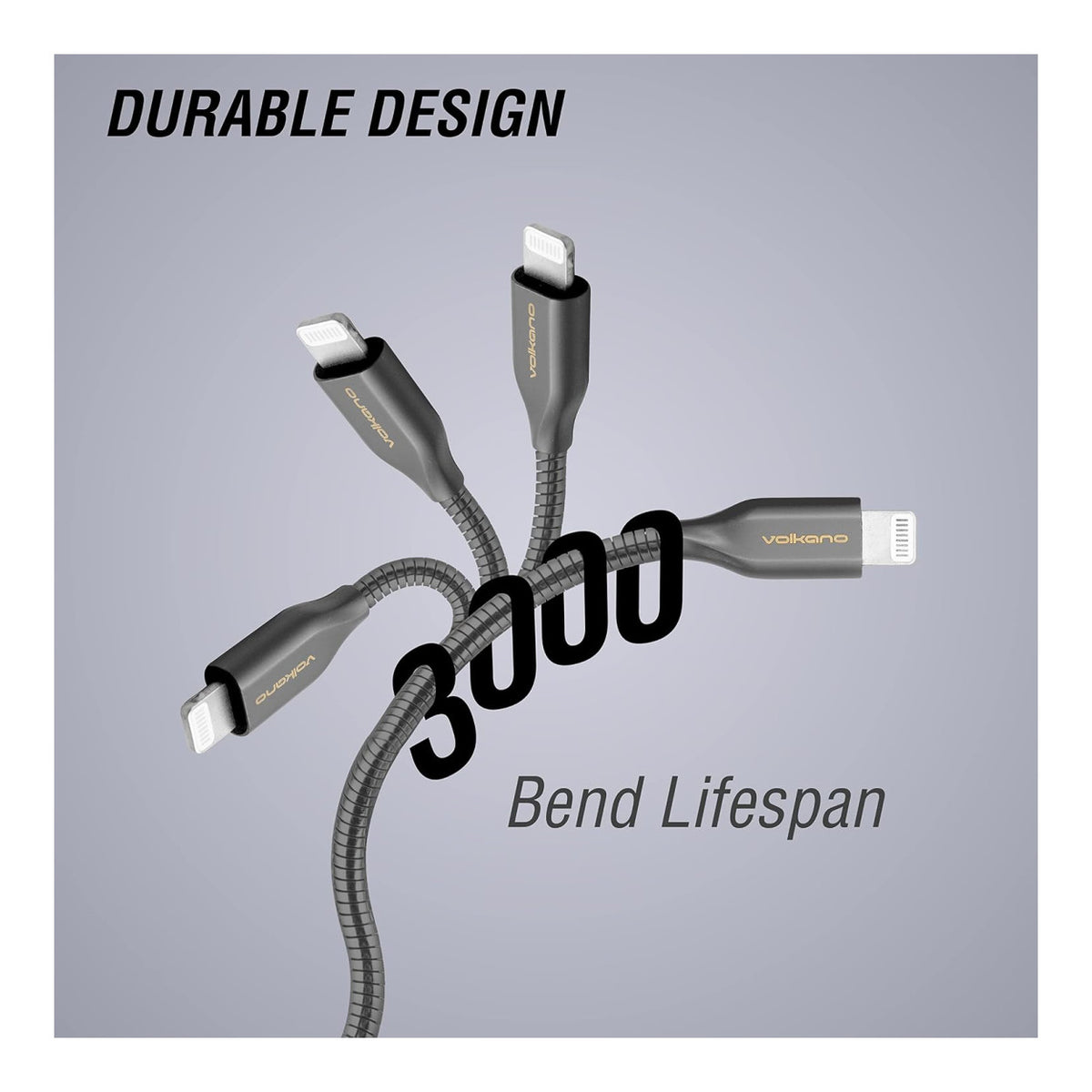 Volkano Iron Series Type-A to MFI Lightning Metallic Spring Cable 1.8m - Gun Metal VK-20094-GM-6