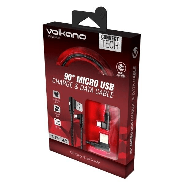 Volkano Braids Series 90-Degree Micro USB Nylon Braided Cable 1.2m Black VK-20103-BK