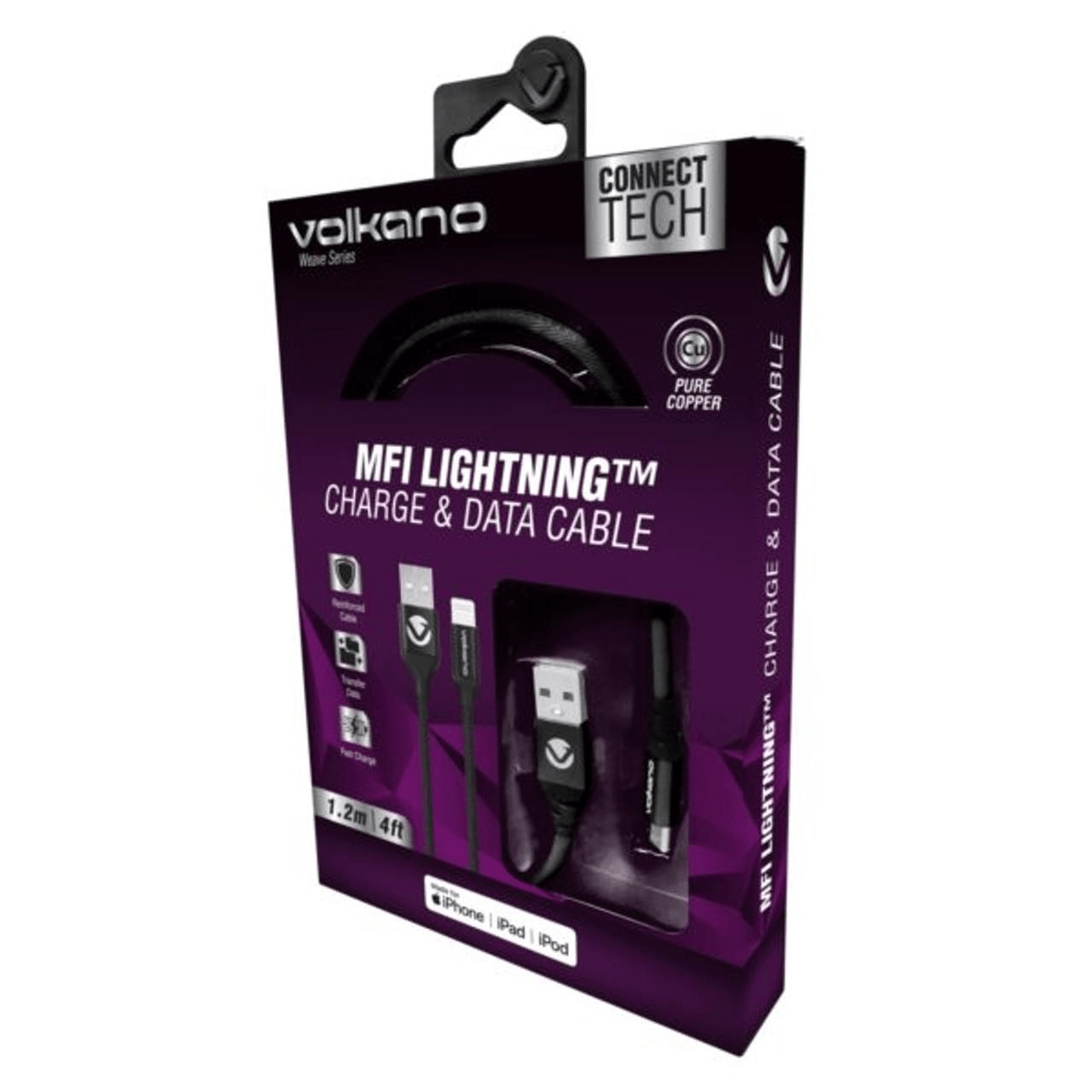 Volkano Weave Series Fabric Braided MFI Lightning Cable Black 1.2m