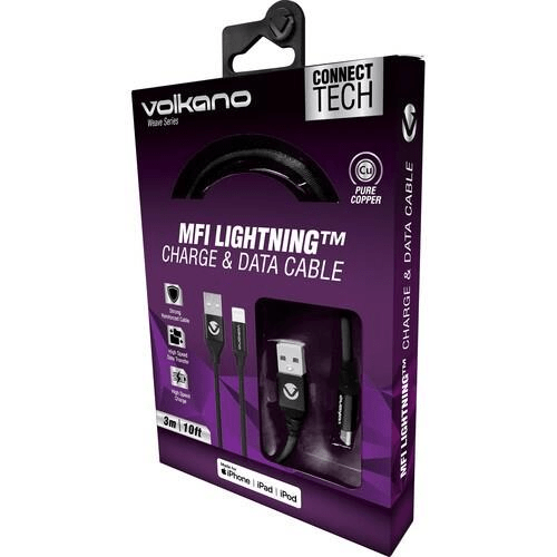 Volkano Weave Series Type-A to MFI Lightning Fabric Braided Cable 3m Black VK-20147-BK