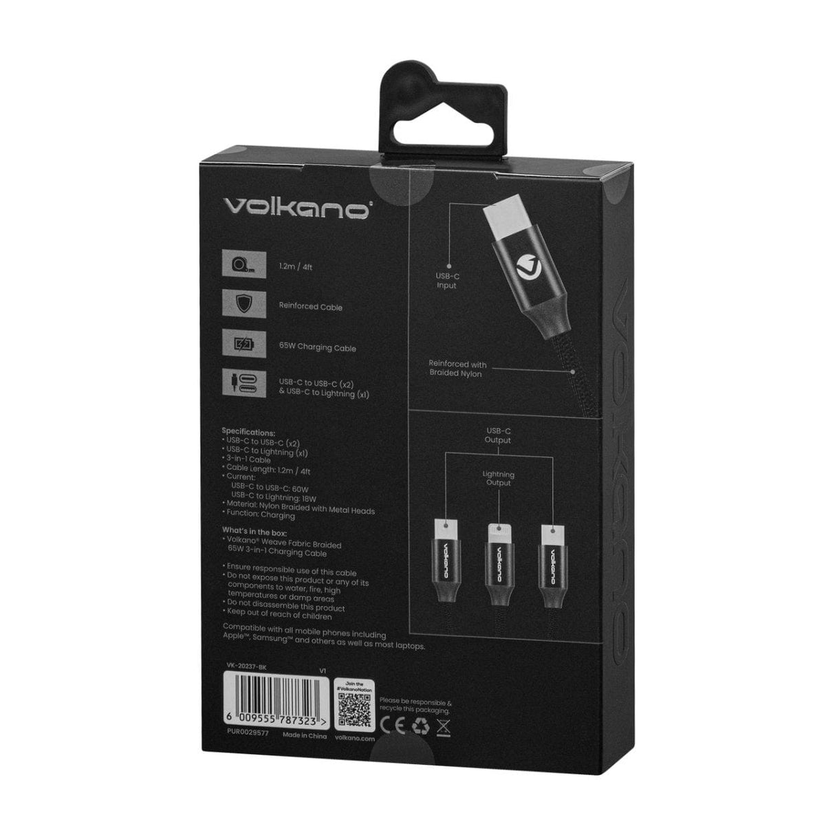 Volkano Weave Series 65W 3-in-1 Charging Cable 1.2m Black VK-20237-BK