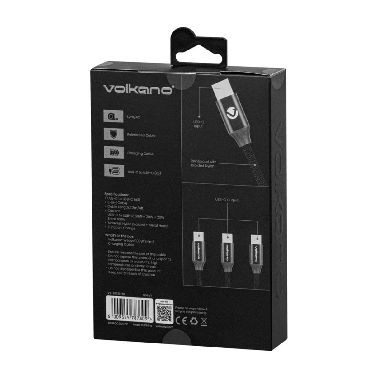 Volkano Weave Series 100W 3-in-1 Type-C Charging Cable 1.2m Black VK-20238-BK