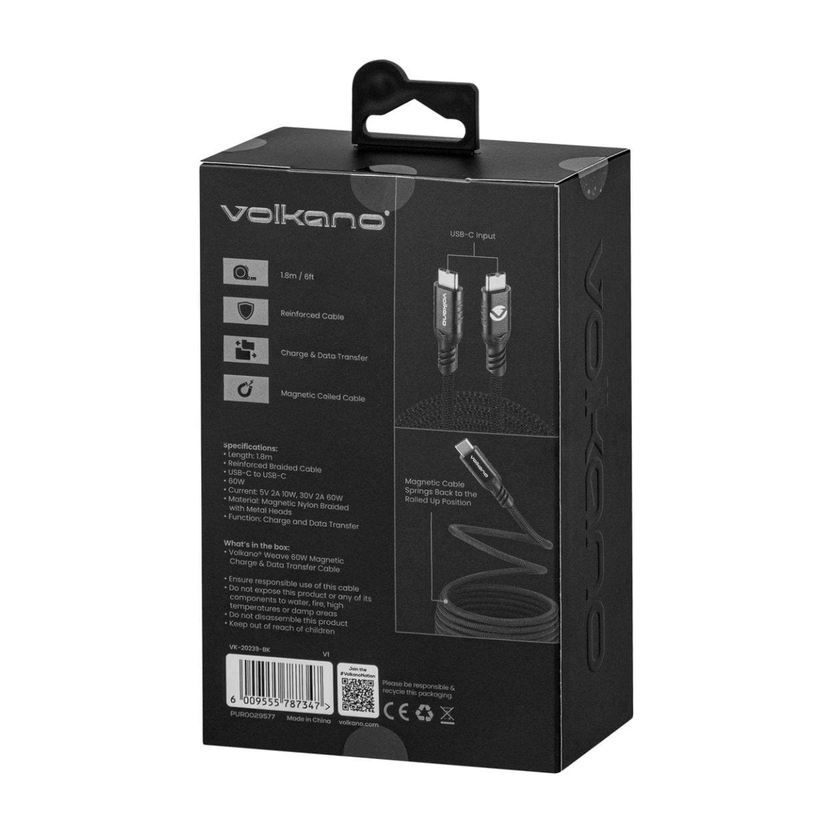 Volkano Weave Series 60W Type-C Male to Male Cable 1.8m Black VK-20239-BK