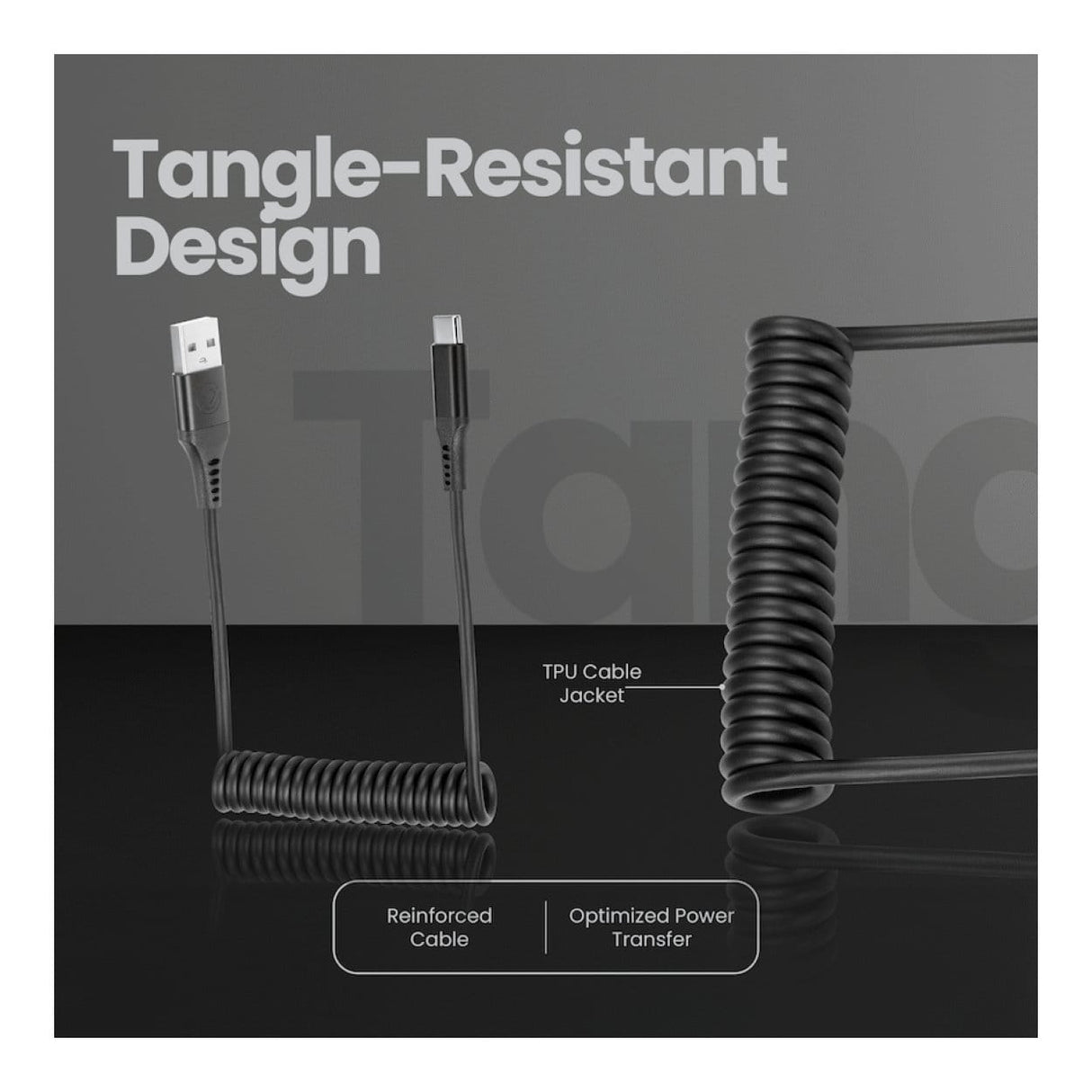 Volkano Helix Series 60W Type-C to Type-A Coiled Cable 1m Black VK-20376-BK