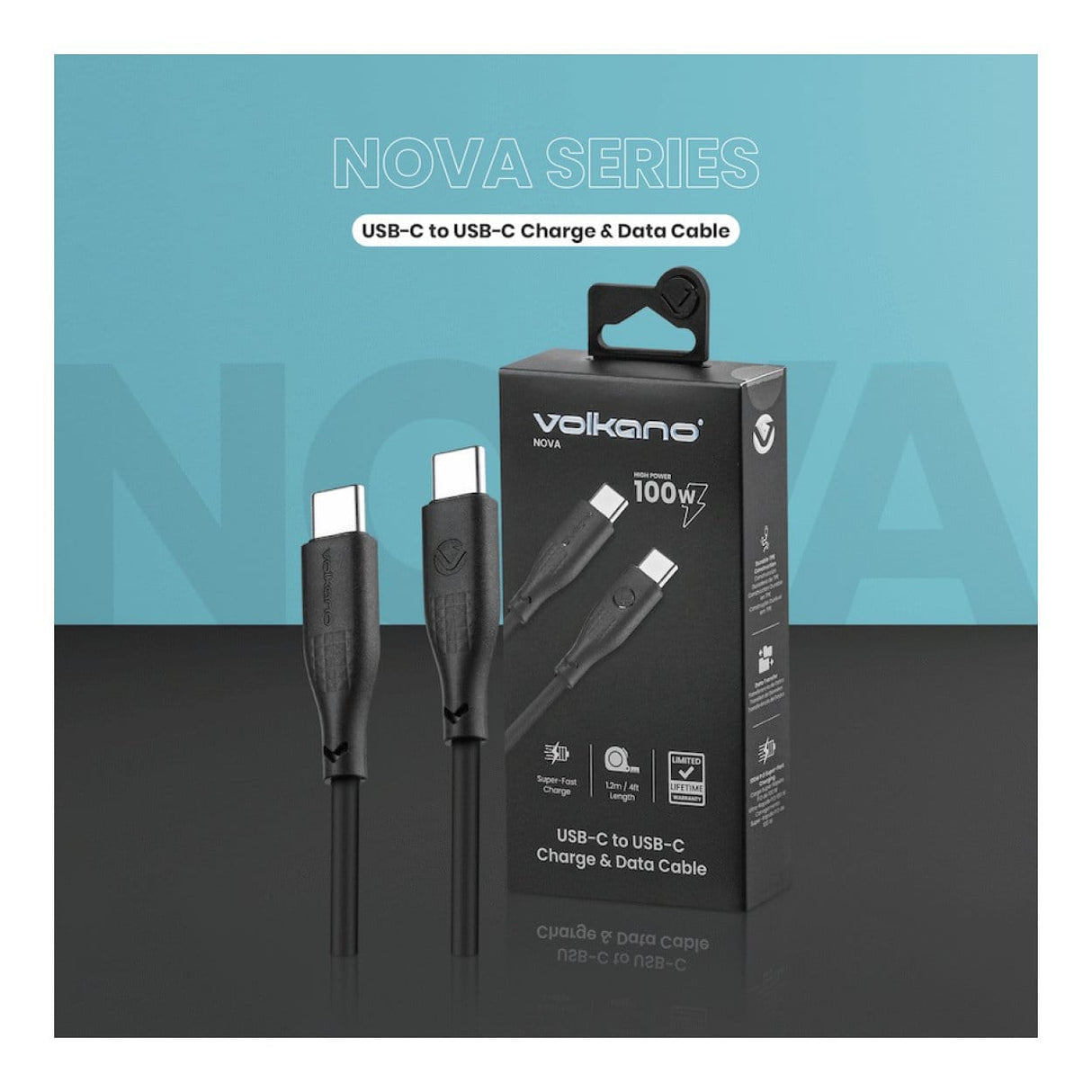Volkano Nova Series 100W Type-C Male to Male TPE Cable 1.2m Black VK-30086-BK