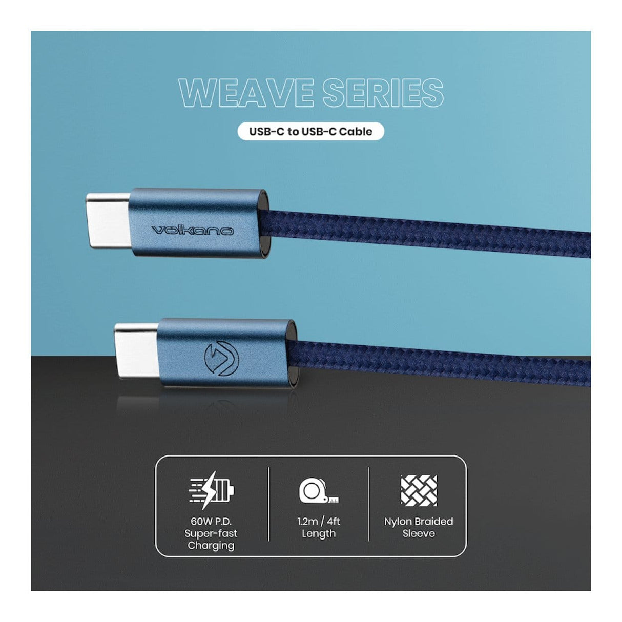Volkano Weave Series 60W Type-C Male to Male Cable 1.2m Blue VK-30260-BL