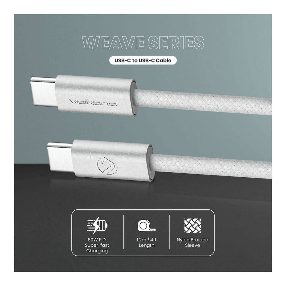 Volkano 1.2m Weave Series 60W USB-C to USB-C Charging Cable White VK-30260-WT