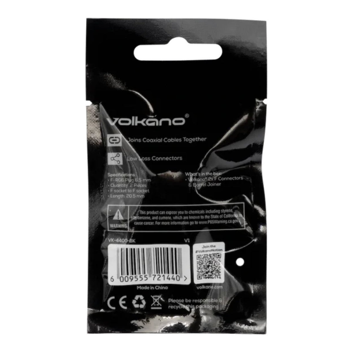 Volkano RG6 2x F Connectors and Barrel Joiner VK-4400-BK