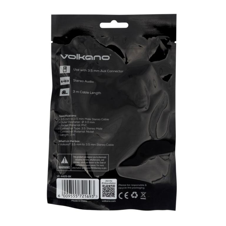 Volkano Aux Male to Male Stereo Cable 3m VK-4425-BK