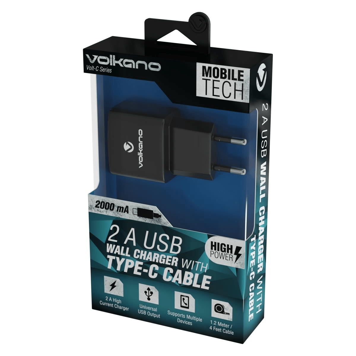 Volkano Volt-C Series USB Wall Charger with USB Type-C Cable VK-5002C-BK