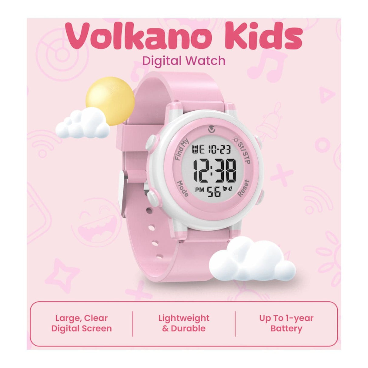 Volkano Kids Digital 3ATM Waterproof Watch Pink VK-5032-PNK