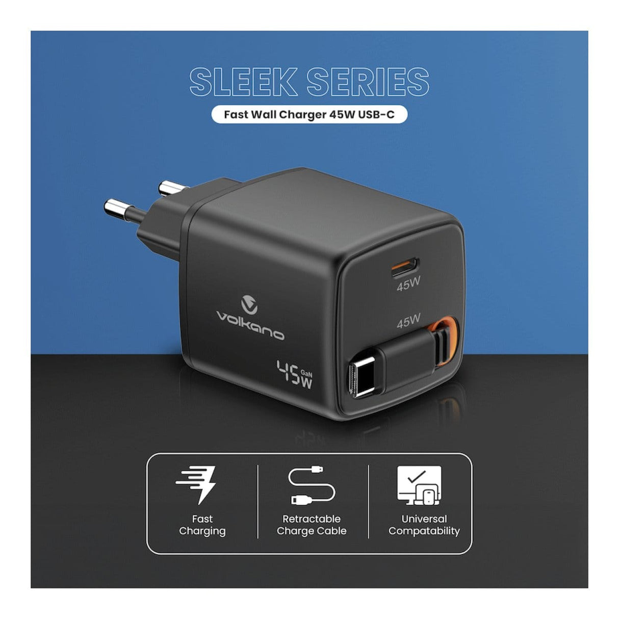Volkano Sleek Series 45W Type-C Fast Charging Adapter Black VK-8082-BK