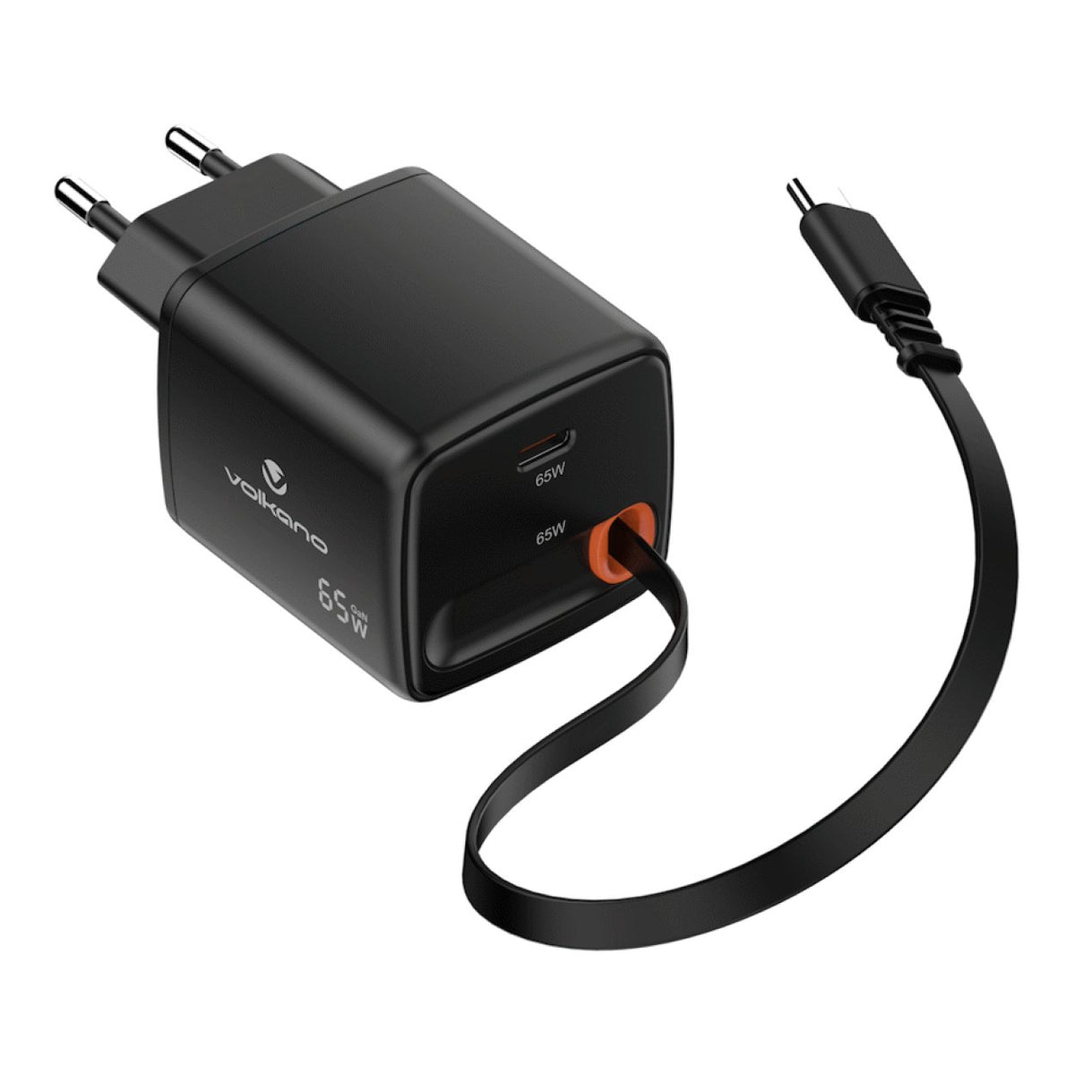 Volkano Sleek Series 65W GaN USB-C Fast Wall Charger with 75cm Retractable Cable Black VK-8083-BK(V1)