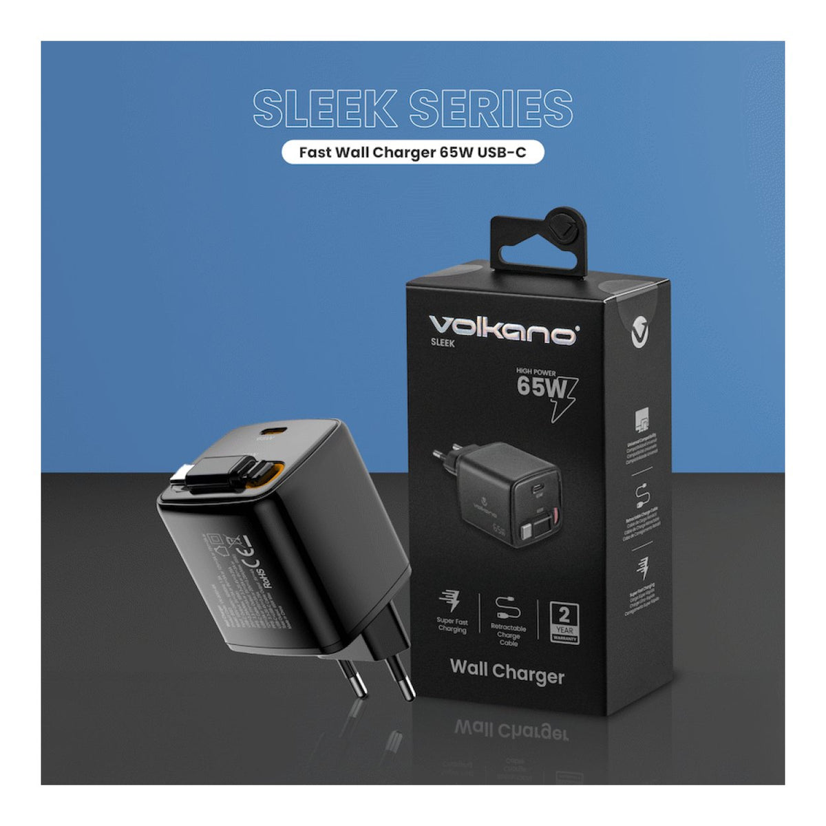 Volkano Sleek Series 65W GaN USB-C Fast Wall Charger with 75cm Retractable Cable Black VK-8083-BK(V1)
