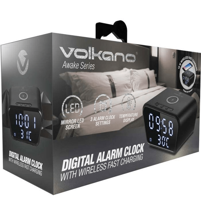 Volkano Awake Series Alarm Clock with Wireless Charging Black VK-8250-BK