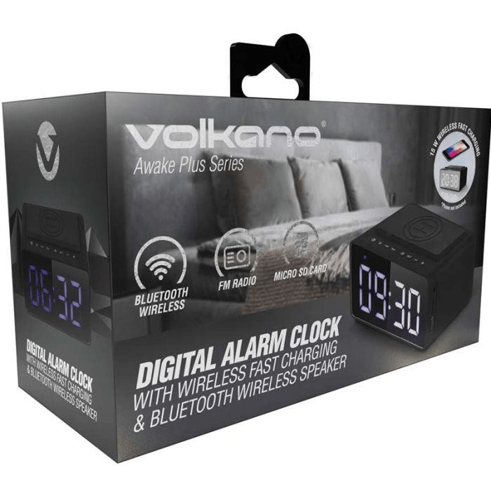 Volkano Awake Plus Series Alarm Clock with Wireless Charging and Speaker Black VK-8251-BK