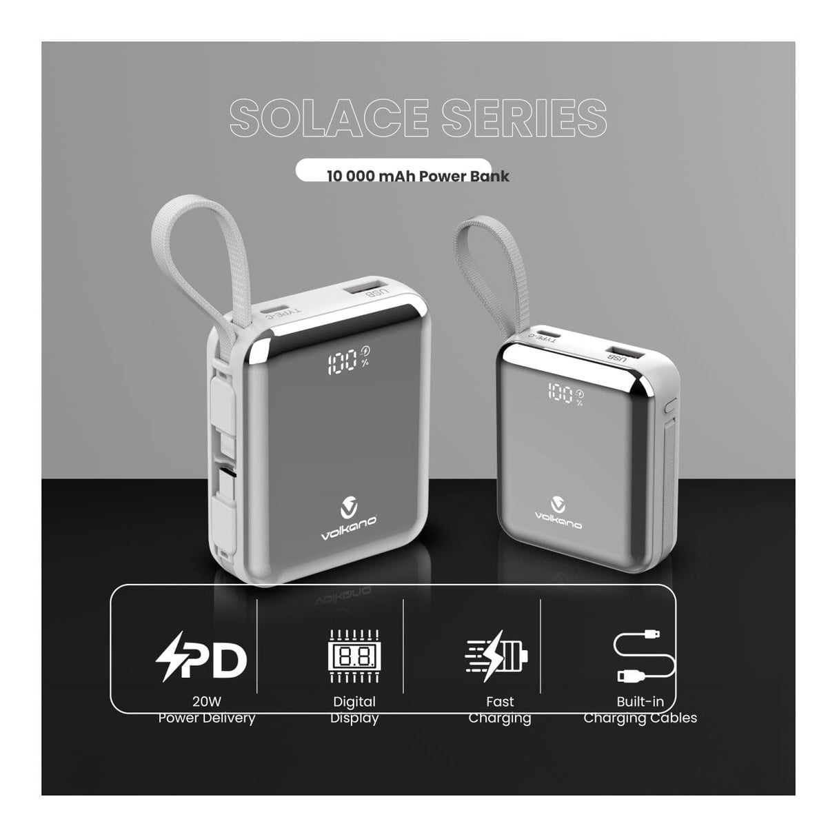 Volkano Solace Series 10000mAh Powerbank White Silver VK-9039-WT/SL