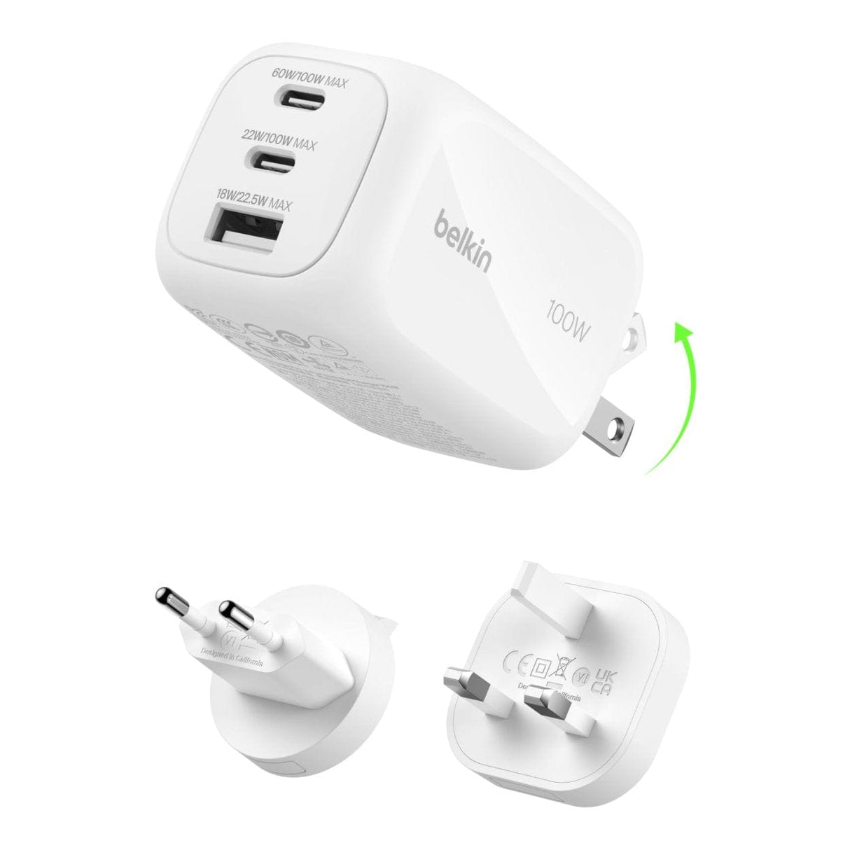 Belkin 3-Port 100W GaN Wall Charger Travel Adapter Kit White WCH016HQWH
