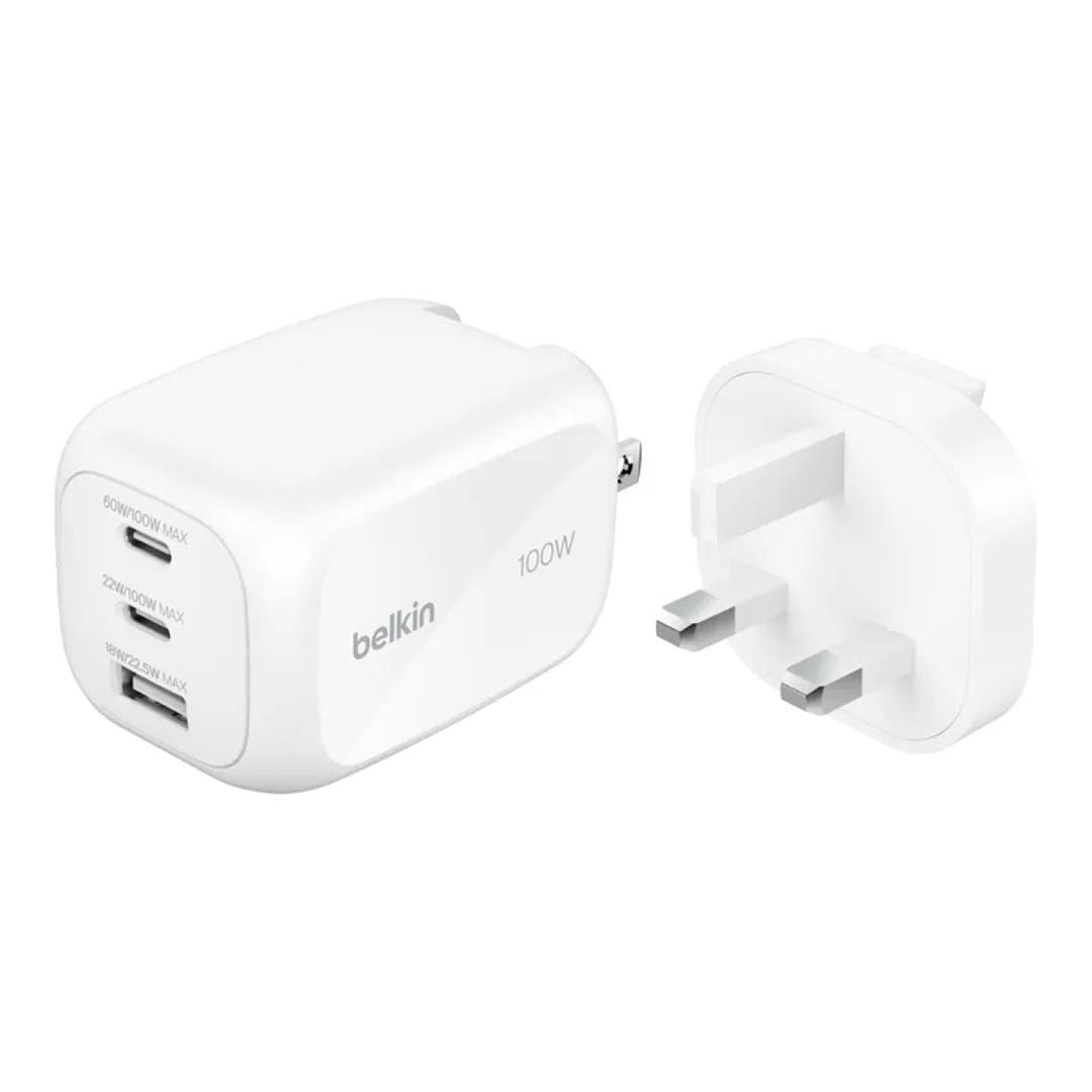 Belkin 3-Port 100W GaN Wall Charger Travel Adapter Kit White WCH016HQWH
