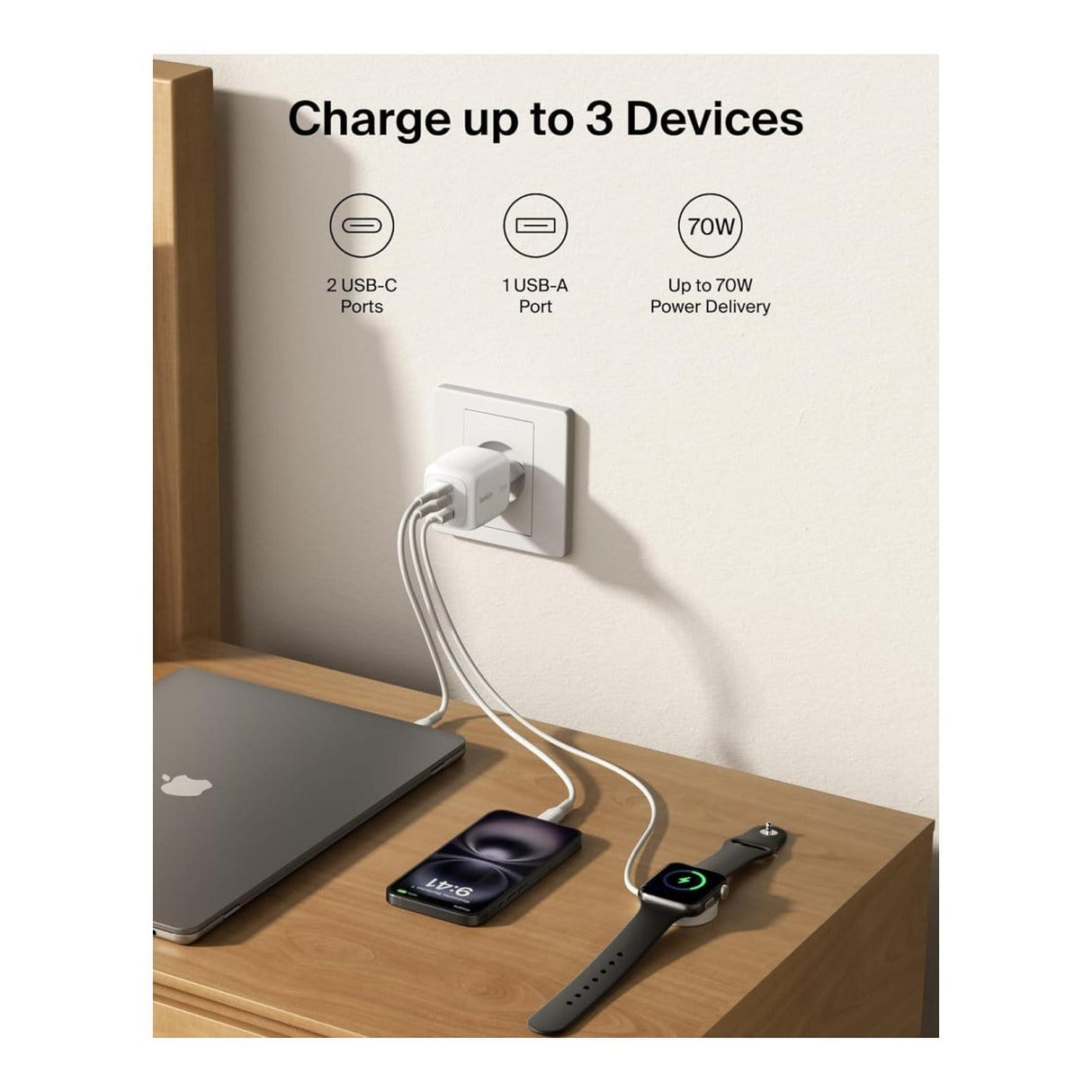 Belkin BoostCharge 3-port GaN Wall Charger White WCH018HQWH