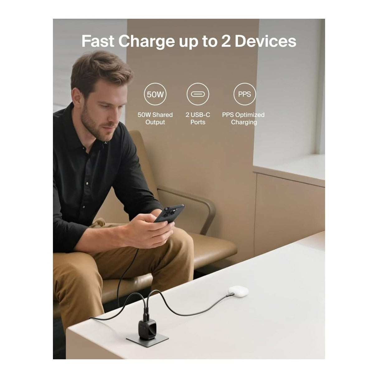 Belkin 50W Dual USB-C GaN Charger WCH019KQBK