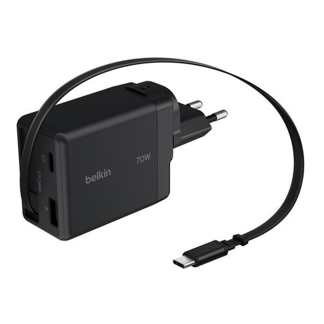 Belkin UltraCharge 70W GaN Wall Charger with Retractable USB-C Cable USB-C and USB-A Ports UK and EU Plugs Black WCH028HQBK