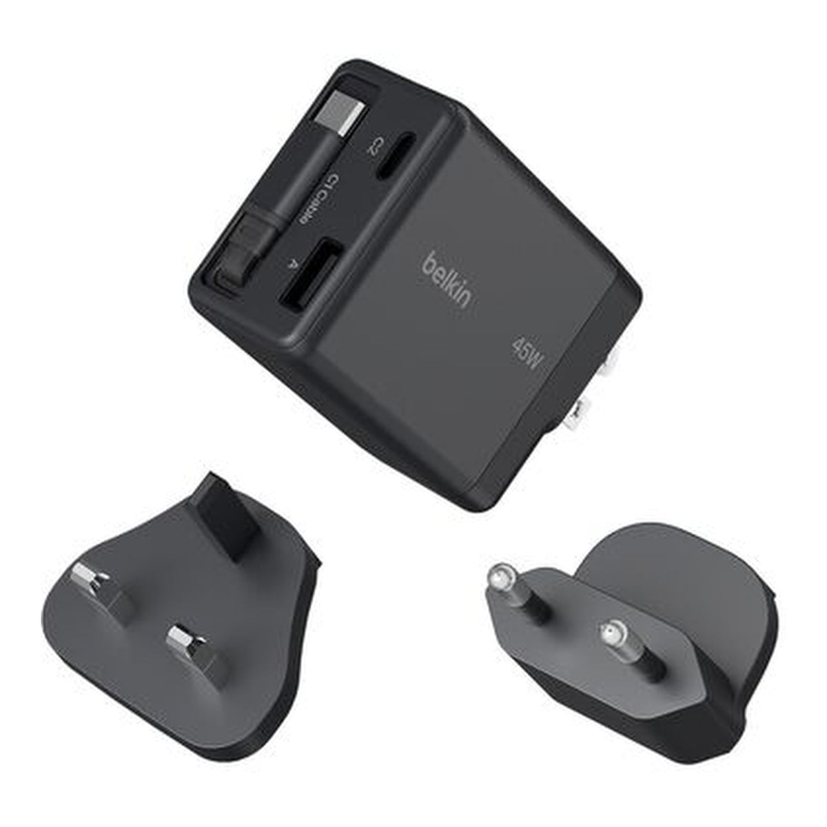 Belkin UltraCharge 45W GaN Wall Charger with Retractable USB-C Cable USB-C and USB-A Ports UK and EU Plugs Black WCH029HQBK