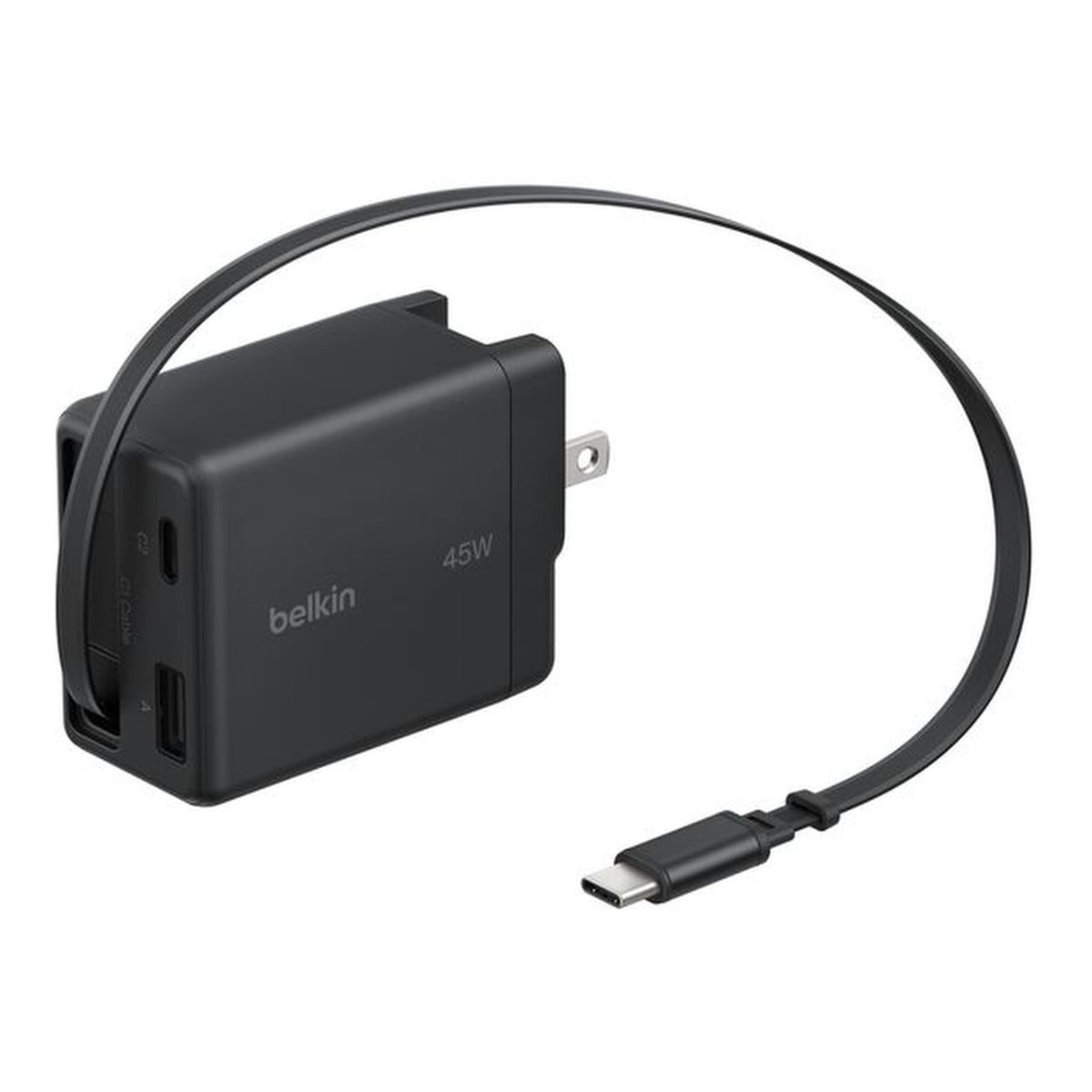 Belkin UltraCharge 45W GaN Wall Charger with Retractable USB-C Cable USB-C and USB-A Ports UK and EU Plugs Black WCH029HQBK